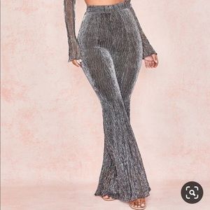 House of CB Alexandra Silver Lurex Flare Leg Trousers Size L Never worn
